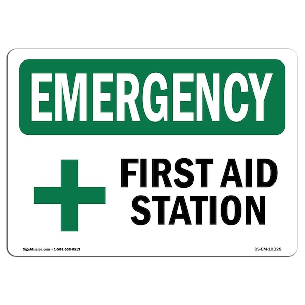 Safety Sign, OSHA EMERGENCY, 7" Height, Aluminum, First Aid Station, Landscape, OS-EM-L-10328